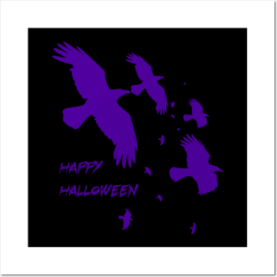 Happy Halloween Crows In Flight Vector Silhouette Purple Posters and Art